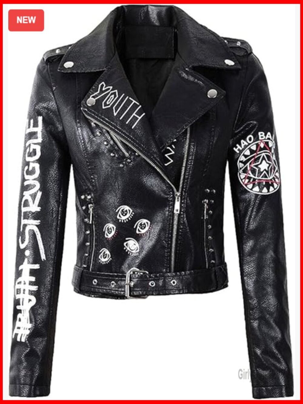 Women's Faux Leather Motorcycle Jacket with Belt Punk Rock Style Slim Fit